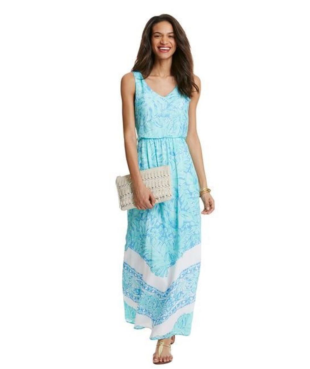 Vineyard Vines Capri Blue Palm Leaf Casual Maxi Dress 8(DR100